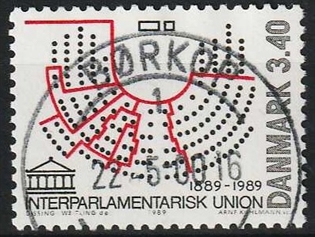 FRIMÆRKER DANMARK | 1989 - AFA 941 - Interparlamentarisk Union 100 år. - 3,40 Kr. flerfarvet - Lux Stemplet Børkop
